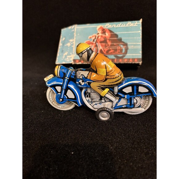 Tin Toy  Friction Powered Motorkerekpar Motorcycle W/Box B1 - Picture 1 of 12
